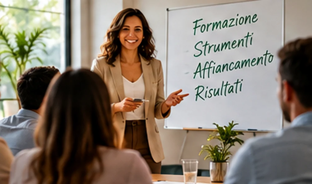 Immagine illustrativa di una mentor che conduce una sessione formativa in presenza con un piccolo gruppo