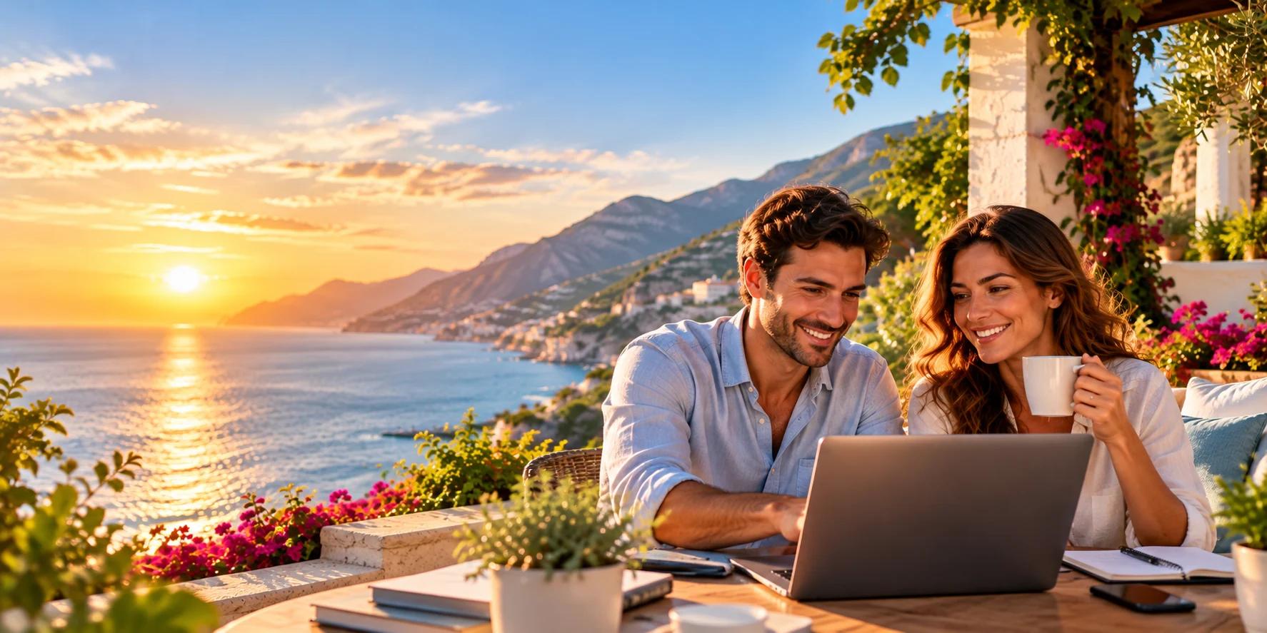 Un uomo e una donna collaborano al computer su una terrazza panoramica